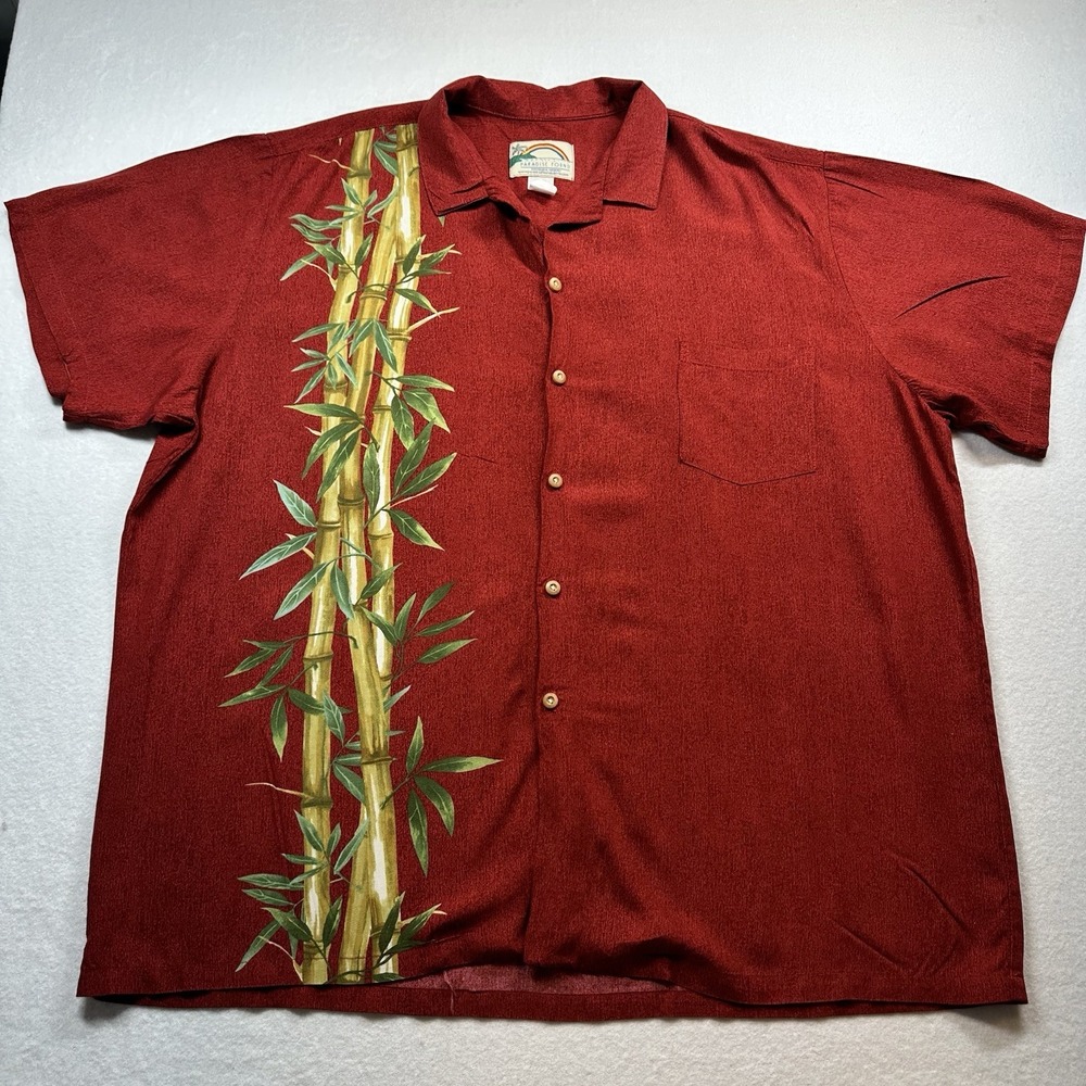 Paradise Found Men 2XL Red Hawaiian Shirt Rayon Bamboo Aloha Tropical